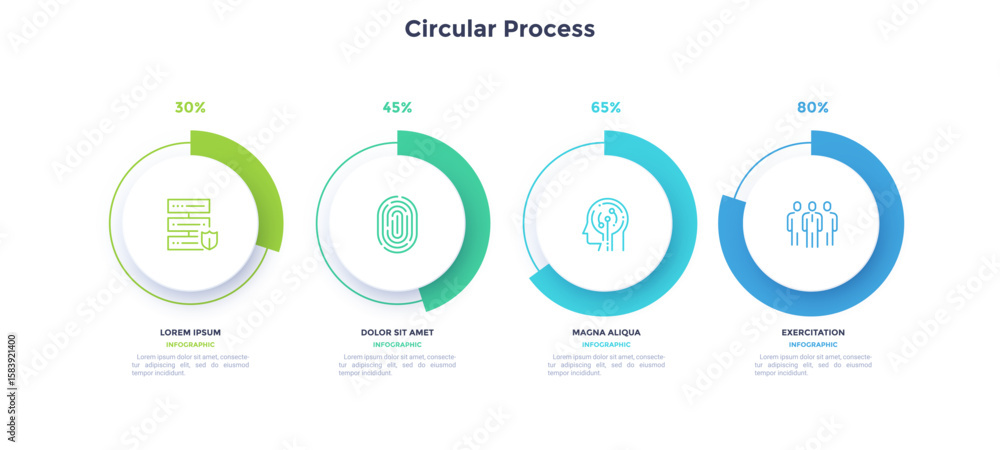 Poster four round paper white elements with pie charts, linear icons and text boxes. concept of 4 steps to 