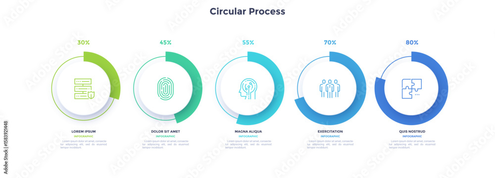Poster five round paper white elements with pie charts, linear icons and text boxes. concept of 5 steps to 