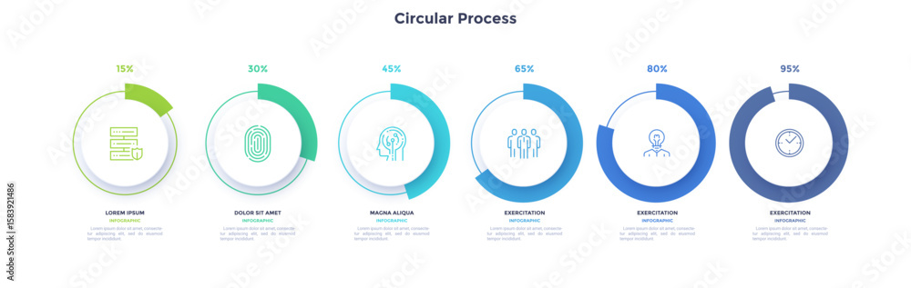 Poster six round paper white elements with pie charts, linear icons and text boxes. concept of 6 steps to b