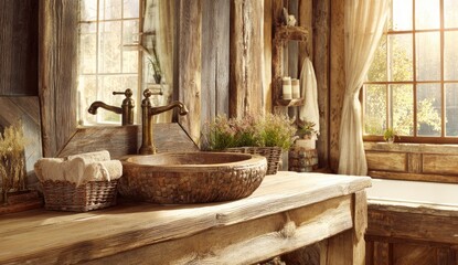 Rustic bathroom with wood vanity, sink, and window light