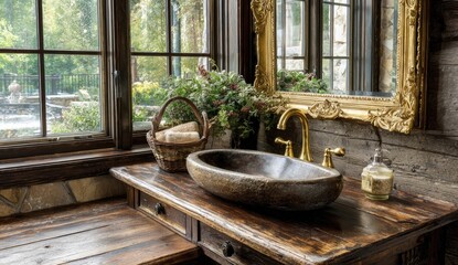 Rustic bathroom vanity with large, carved stone sink, wooden countertop, and antique-style mirror