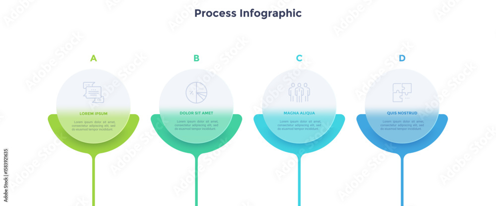 Poster process chart with 4 rounded elements behind translucent circles placed in horizontal row. concept o