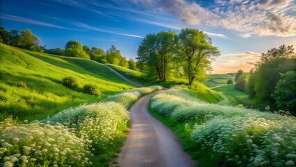 Fototapeta premium Scenic Country Road with Wildflowers Green Hills and a Beautiful Sky