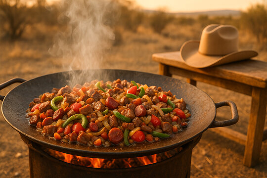 Traditional Mexican discada cooking over open fire