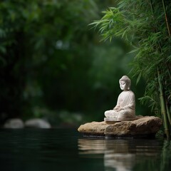 Serene buddha statue amidst lush greenery by a tranquil pond