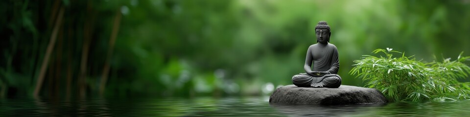 Tranquil buddha statue in serene natural setting with lush greenery and calm water reflection