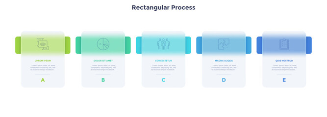 Progress bar with 5 frames behind translucent rectangular elements placed in horizontal row. Concept of five steps to business success. Minimal infographic design template. Flat vector illustration.