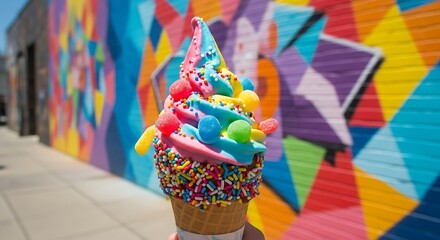 Vibrant rainbow soft serve ice cream cone with colorful sprinkles and toppings against a brightly painted mural background