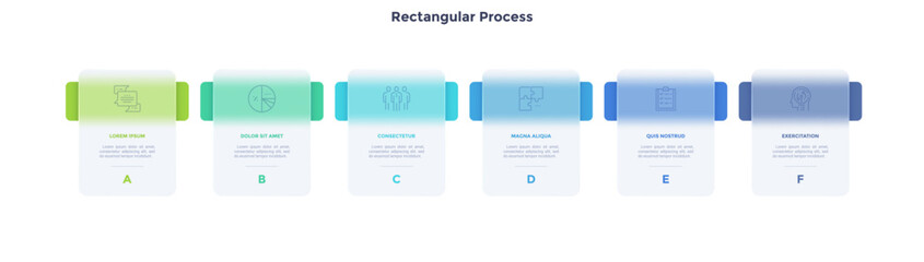 Fototapeta premium Progress bar with 6 frames behind translucent rectangular elements placed in horizontal row. Concept of six steps to business success. Minimal infographic design template. Flat vector illustration.
