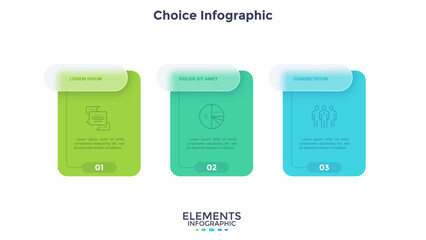 Timeline with 3 cards placed in horizontal row. Concept of three stages of business project development. Minimal infographic design template. Modern flat vector illustration for presentation.
