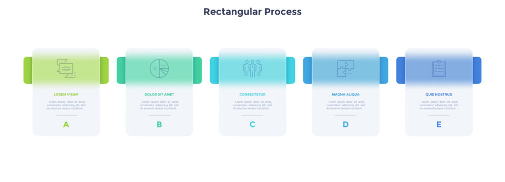 Progress bar with 5 frames behind translucent rectangular elements placed in horizontal row. Concept of five steps to business success. Minimal infographic design template. Flat vector illustration.