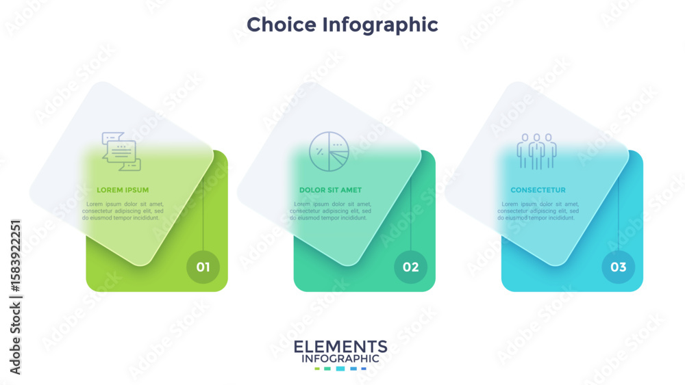 Poster timeline with 3 cards placed in horizontal row. concept of three stages of business project developm