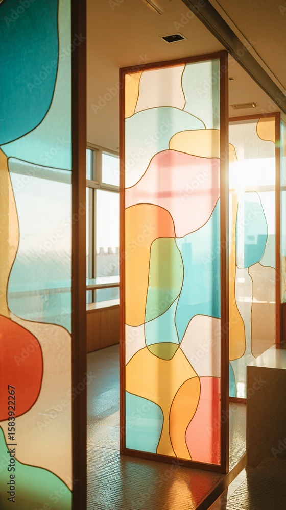 Poster colorful translucent panels create a vibrant and modern space, allowing light to filter through in a