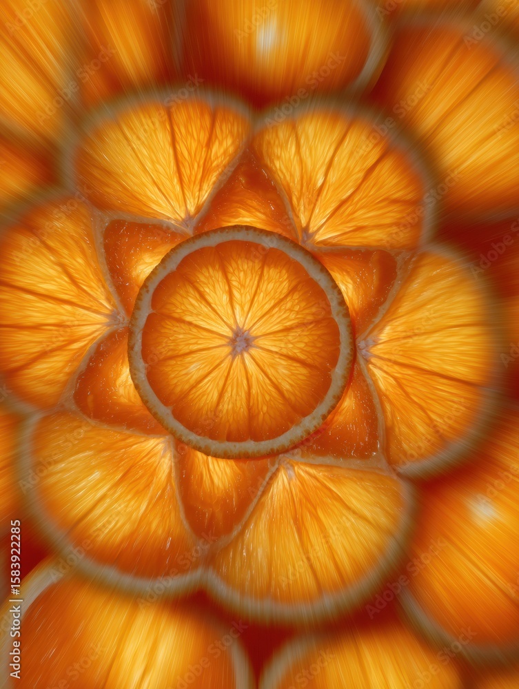Poster sliced oranges arranged in a mandala design with a vibrant motion blur effect showcasing symmetry an