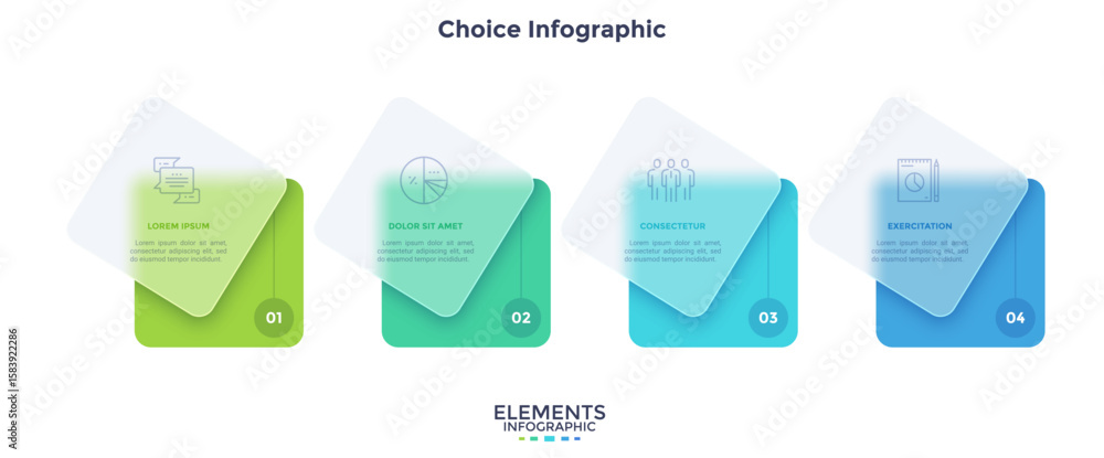 Aufkleber timeline with 4 cards placed in horizontal row. concept of four stages of business project developme