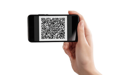 QR code on mobile phone app. QRcode scanner, reader app in hand isolated