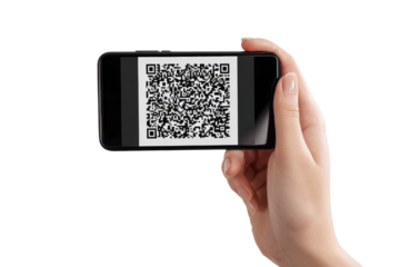 QR code on mobile phone app. QRcode scanner, reader app in hand isolated