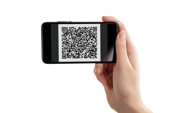 QR code on mobile phone app. QRcode scanner, reader app in hand isolated