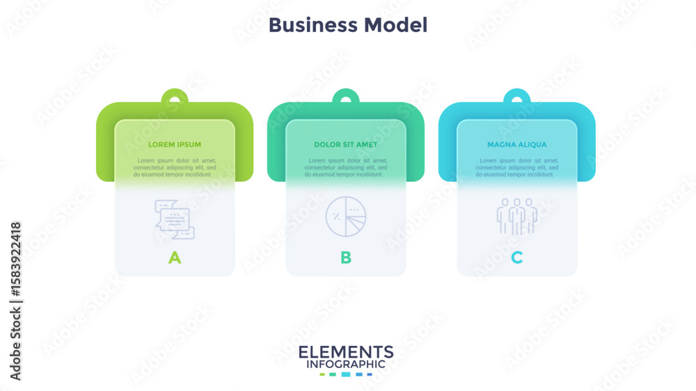Aufkleber timeline with 3 cards placed in horizontal row. concept of three stages of business project developm