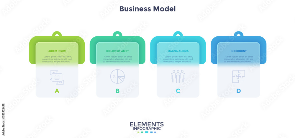 Aufkleber timeline with 4 cards placed in horizontal row. concept of four stages of business project developme