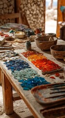 Fototapeta premium Artisan's workspace showcasing vibrant mosaic tiles sorted by color, revealing the meticulous preparation process of a traditional craftsmanship in a rustic, light-filled studio setting.