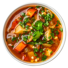 A delicious bowl of vegetable soup garnished with fresh parsley on a white background