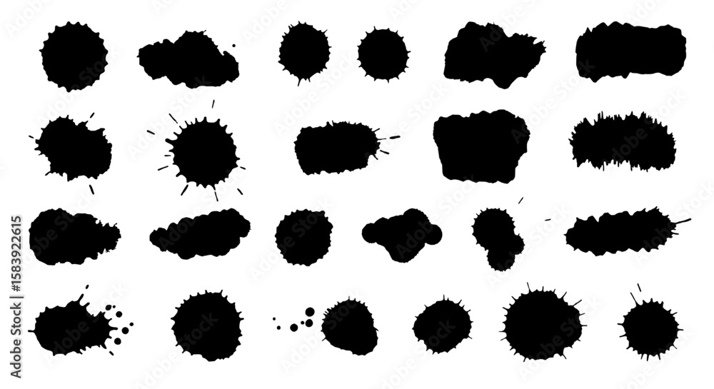 Poster ink blot array: a collection of black ink blots, displaying a variety of shapes and sizes, creates a