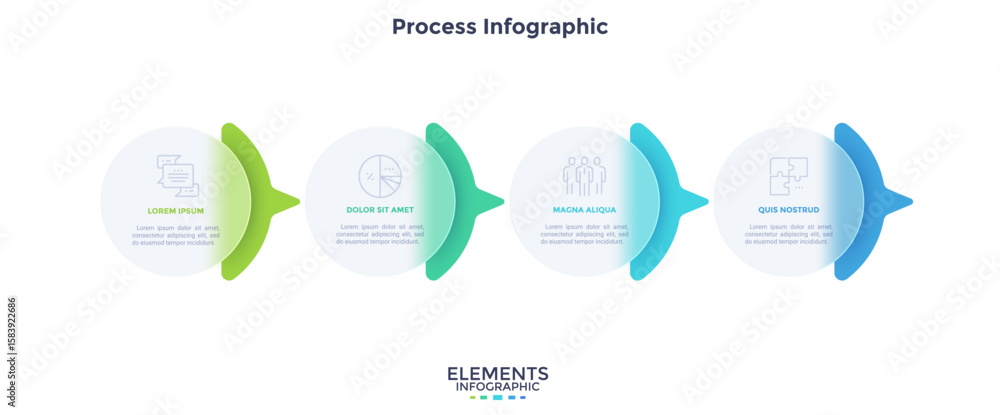 Poster process chart with 4 rounded elements behind translucent circles placed in horizontal row. concept o