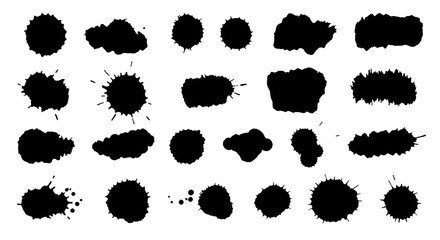 Ink Blot Array: A collection of black ink blots, displaying a variety of shapes and sizes, creates a visually dynamic and artistic element for design.
