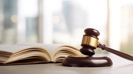 The gavel resting next to an open legal book in a law office setting.