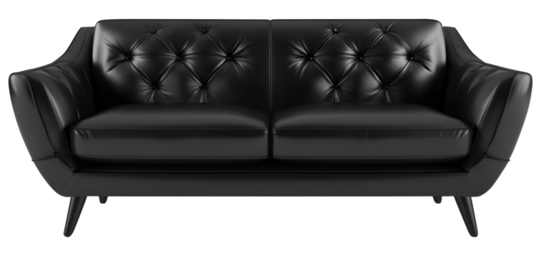 Sleek modern black leather sofa with button tufting interior design and minimalist furniture