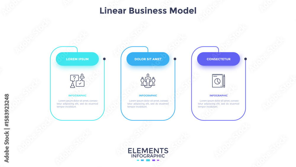 Poster three numbered rectangular frames placed in horizontal row. concept of 3 stages of marketing strateg