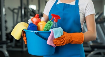 Gym Cleaning Person Holding Bucket of Cleaning Supplies, Featuring Gloves, Apron, and Equipment