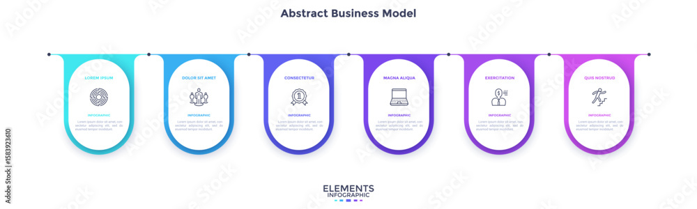 Poster six numbered circular frames placed in horizontal row. concept of 6 stages of marketing strategy. mo