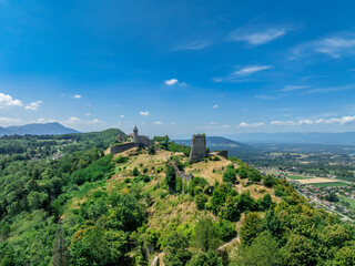 Aerial view of Allinges castle a medieval ruin and a castle with bastions on the hill above the Lake Geneva in France