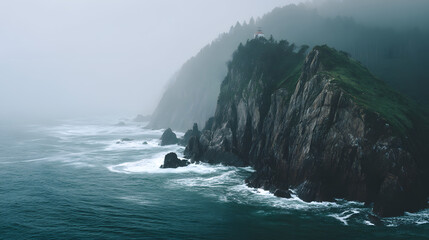 Dramatic coastal landscape on a foggy day, featuring a historic lighthouse perched atop a rugged, green cliff overlooking a stormy ocean