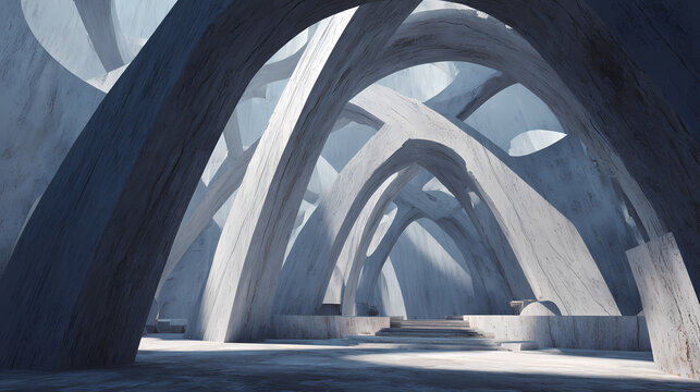 Fragmented arch surrounded by unnaturally bent pillars in shallow spatial field