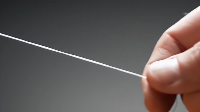 Close Up of Threading Hair Removal Process with White String on Gray Gradient Backdrop