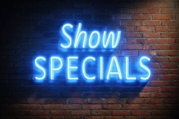 Show Specials: Bright Neon Sign Illuminating a Blue Brick Wall at Night