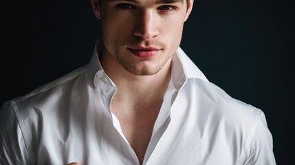 Obraz premium Stylish Closeup of Confident Guy in Open White Shirt Over Dark Background