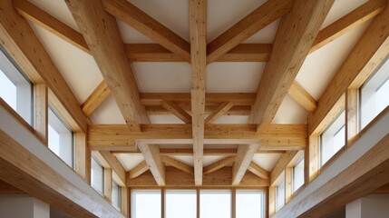 Obraz premium Stunning Showcase of Ceiling Timber Beams in a Contemporary Cross-Laminated Wood Home