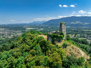Aerial view of Allinges castle a medieval ruin and a castle with bastions on the hill above the Lake Geneva in France