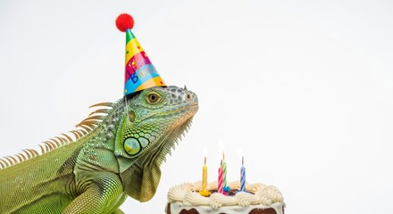 iguana wearing a birthday hat with a birthday cake, party celebration image, white background