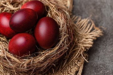 Obraz premium Vibrant Deep Red Easter Eggs Nestled in a Cozy Nest â€“ A Joyful Tribute for Happy Easter Celebrations