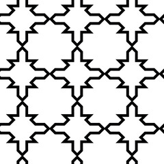 Geometric vector seamless pattern with crossed lines, triangles, squares abstract background. Simple minimalistic black and white design. Single color, black and white.