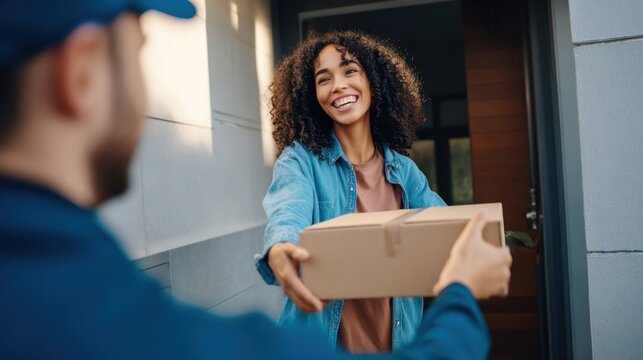 The woman receives a package from a friendly delivery person at her doorstep.