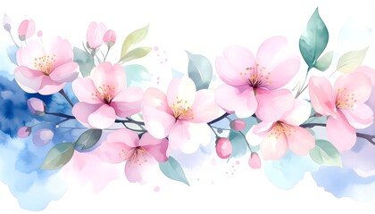 Fototapeta premium Sakura Blossom Frame with Pink Ink. Abstract watercolor background