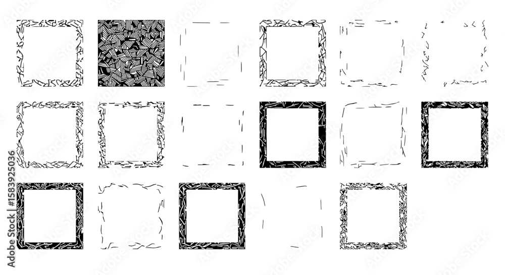 Fototapete Array of Square Frames in Various Styles: An array of intricately designed square frames, each showcasing a unique aesthetic, from minimalist outlines to textured and ornate borders.