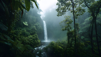 Majestic tropical waterfall cascading into a lush, vibrant rainforest shrouded in mist and mystery