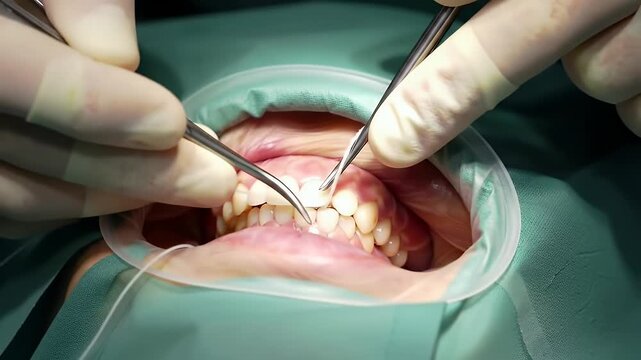 Dental Hygiene Procedure Close Up of Dentist Flossing Patient Teeth In Bright Light